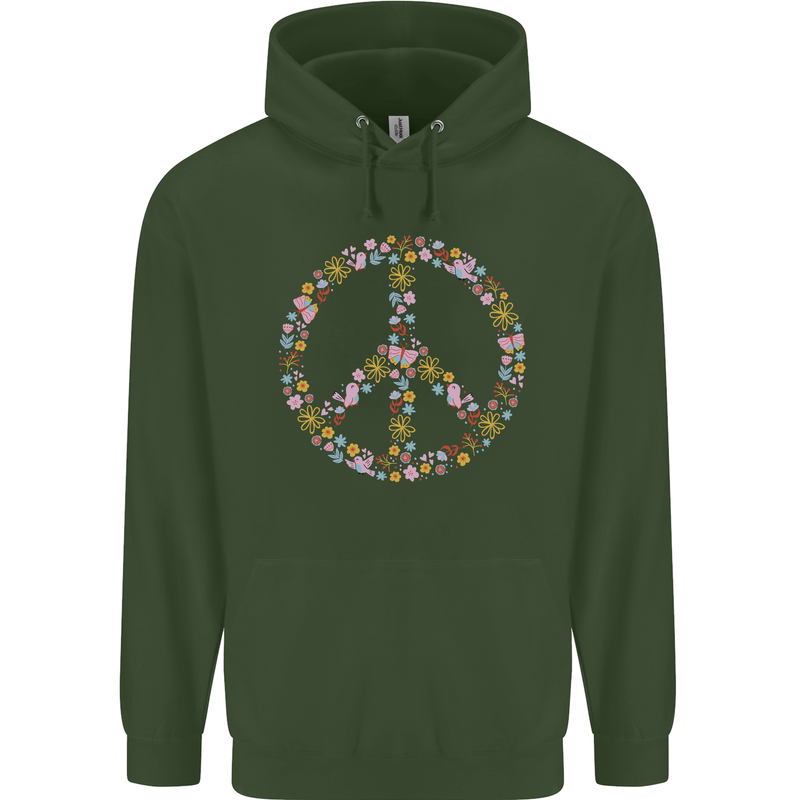 Floral Peace Symbol Hippie Love Mens 80% Cotton Hoodie Forest Green