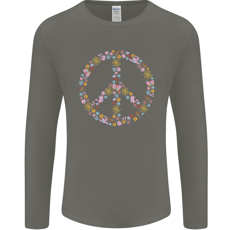 Floral Peace Symbol Hippie Love Mens Long Sleeve T-Shirt Charcoal