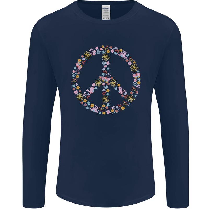Floral Peace Symbol Hippie Love Mens Long Sleeve T-Shirt Navy Blue