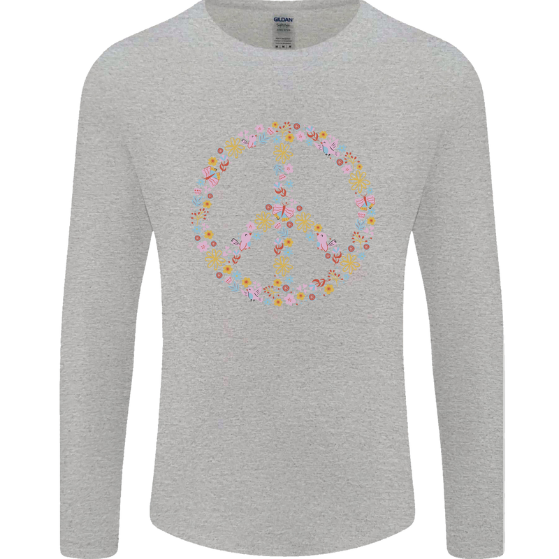 Floral Peace Symbol Hippie Love Mens Long Sleeve T-Shirt Sports Grey