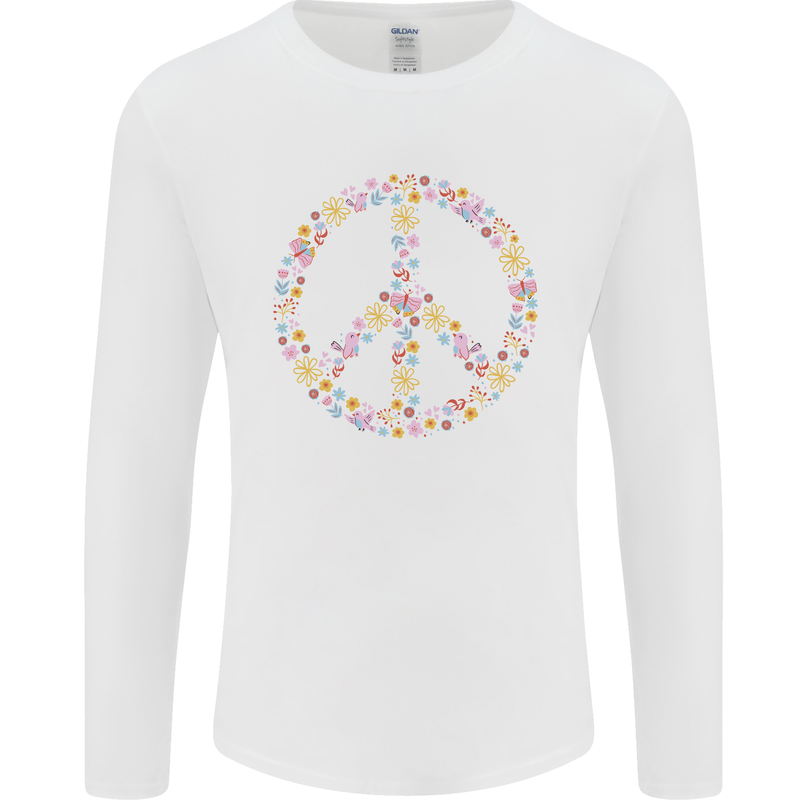 Floral Peace Symbol Hippie Love Mens Long Sleeve T-Shirt White