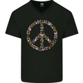 Floral Peace Symbol Hippie Love Mens V-Neck Cotton T-Shirt Black