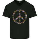 Floral Peace Symbol Hippie Love Mens V-Neck Cotton T-Shirt Black