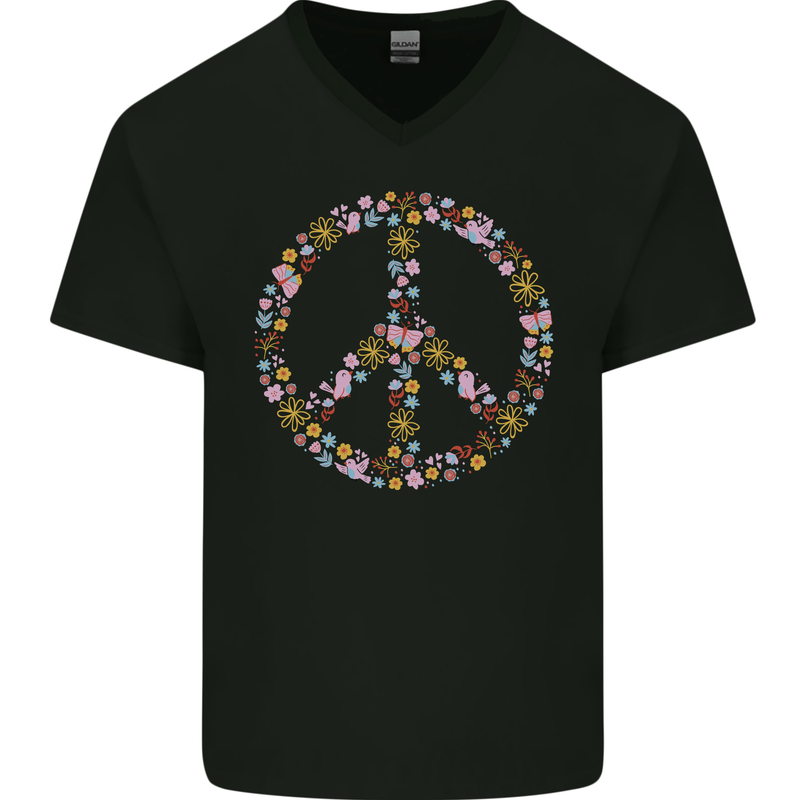Floral Peace Symbol Hippie Love Mens V-Neck Cotton T-Shirt Black