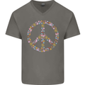 Floral Peace Symbol Hippie Love Mens V-Neck Cotton T-Shirt Charcoal