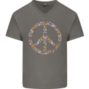 Floral Peace Symbol Hippie Love Mens V-Neck Cotton T-Shirt Charcoal