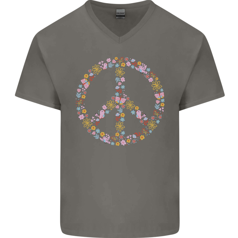Floral Peace Symbol Hippie Love Mens V-Neck Cotton T-Shirt Charcoal