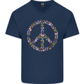 Floral Peace Symbol Hippie Love Mens V-Neck Cotton T-Shirt Navy Blue