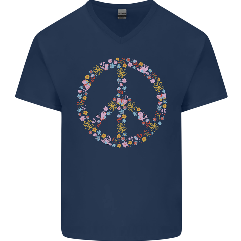 Floral Peace Symbol Hippie Love Mens V-Neck Cotton T-Shirt Navy Blue