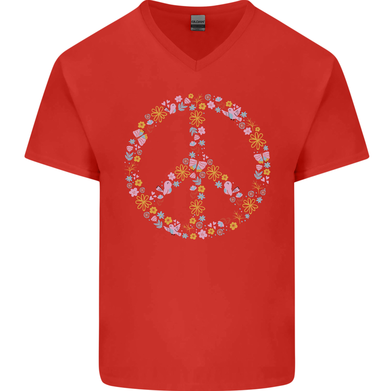 Floral Peace Symbol Hippie Love Mens V-Neck Cotton T-Shirt Red