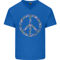 Floral Peace Symbol Hippie Love Mens V-Neck Cotton T-Shirt Royal Blue