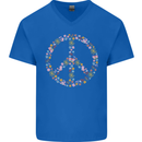 Floral Peace Symbol Hippie Love Mens V-Neck Cotton T-Shirt Royal Blue