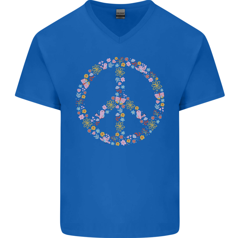 Floral Peace Symbol Hippie Love Mens V-Neck Cotton T-Shirt Royal Blue