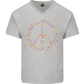Floral Peace Symbol Hippie Love Mens V-Neck Cotton T-Shirt Sports Grey