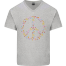 Floral Peace Symbol Hippie Love Mens V-Neck Cotton T-Shirt Sports Grey