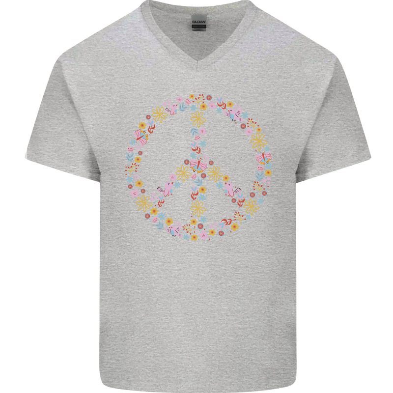Floral Peace Symbol Hippie Love Mens V-Neck Cotton T-Shirt Sports Grey