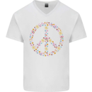 Floral Peace Symbol Hippie Love Mens V-Neck Cotton T-Shirt White