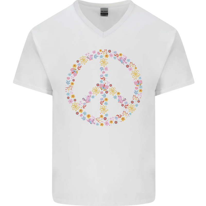 Floral Peace Symbol Hippie Love Mens V-Neck Cotton T-Shirt White