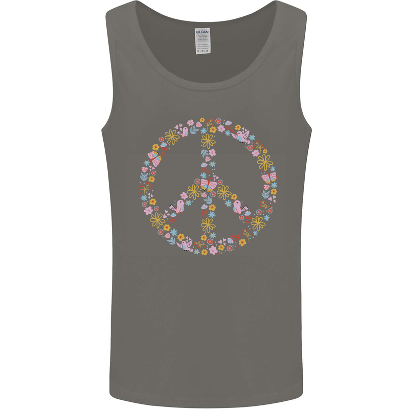 Floral Peace Symbol Hippie Love Mens Vest Tank Top Charcoal