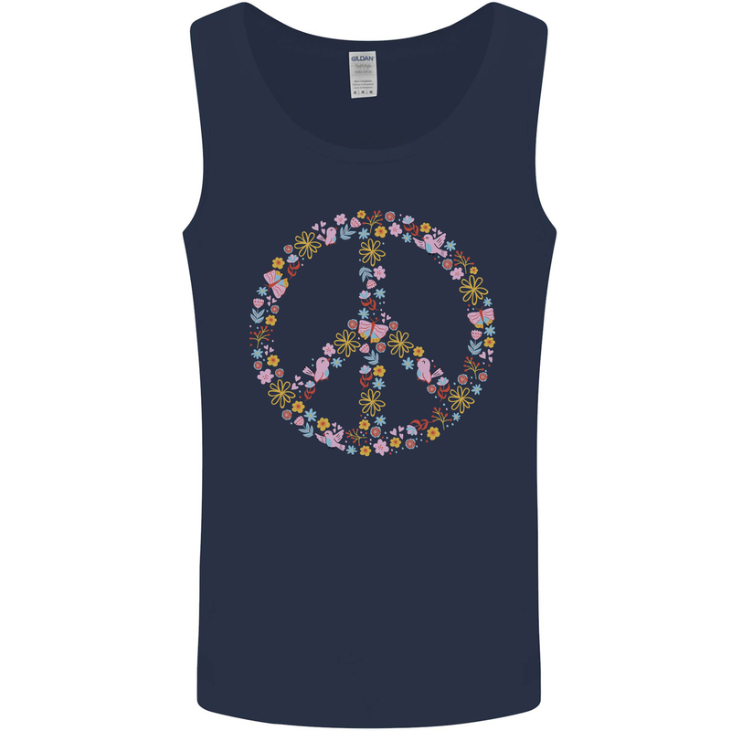 Floral Peace Symbol Hippie Love Mens Vest Tank Top Navy Blue