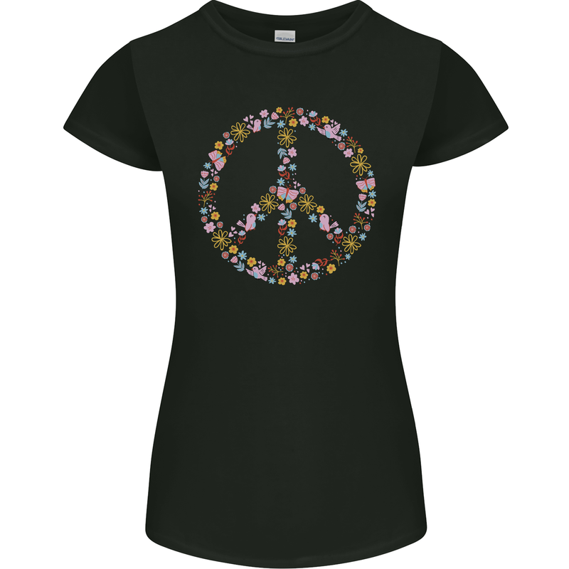 Floral Peace Symbol Hippie Love Womens Petite Cut T-Shirt Black