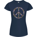 Floral Peace Symbol Hippie Love Womens Petite Cut T-Shirt Navy Blue