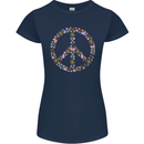 Floral Peace Symbol Hippie Love Womens Petite Cut T-Shirt Navy Blue