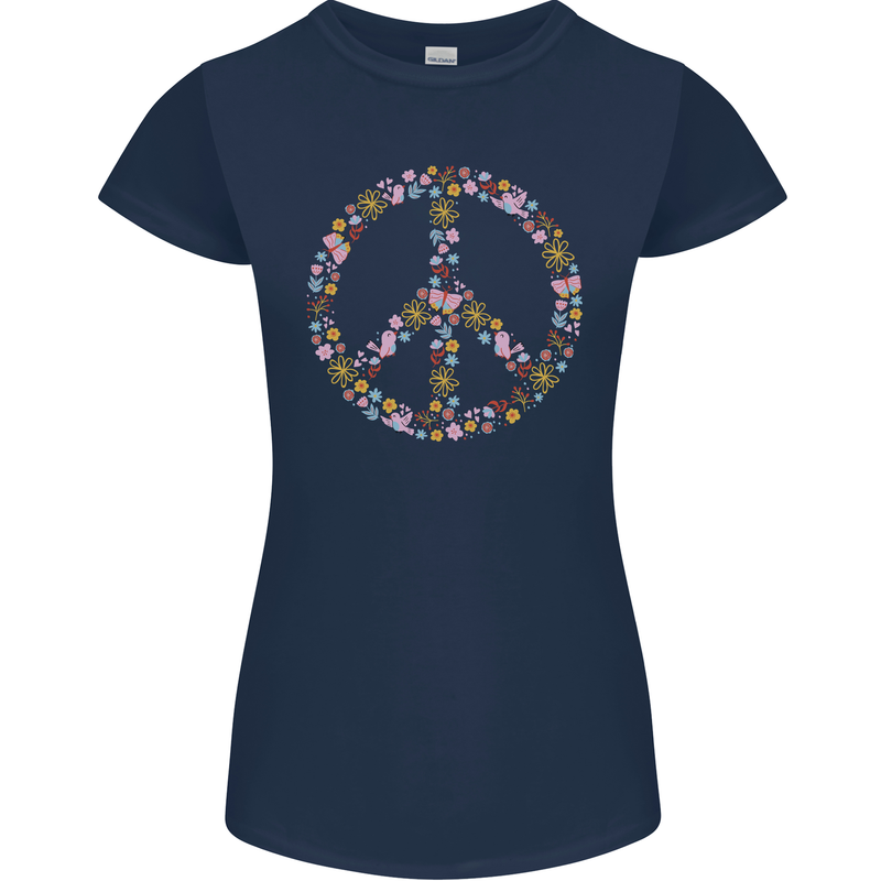 Floral Peace Symbol Hippie Love Womens Petite Cut T-Shirt Navy Blue