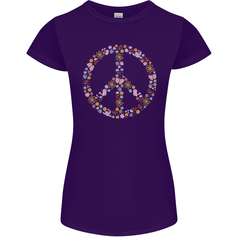 Floral Peace Symbol Hippie Love Womens Petite Cut T-Shirt Purple