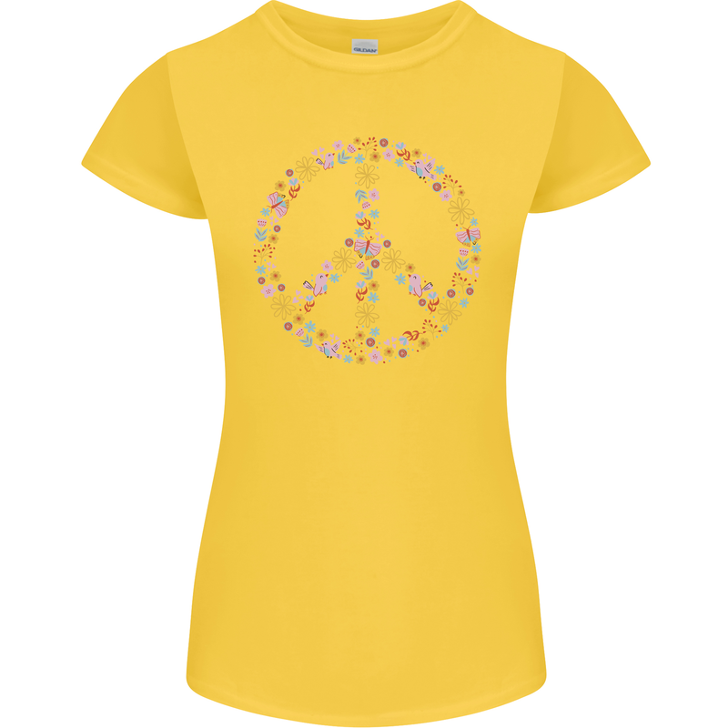 Floral Peace Symbol Hippie Love Womens Petite Cut T-Shirt Yellow