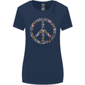 Floral Peace Symbol Hippie Love Womens Wider Cut T-Shirt Navy Blue