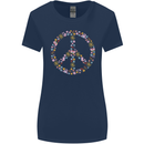 Floral Peace Symbol Hippie Love Womens Wider Cut T-Shirt Navy Blue