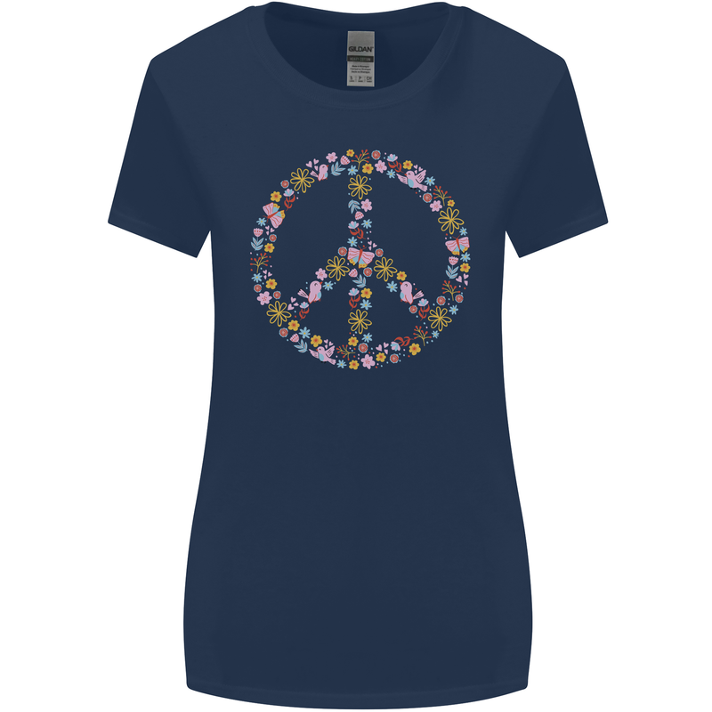 Floral Peace Symbol Hippie Love Womens Wider Cut T-Shirt Navy Blue