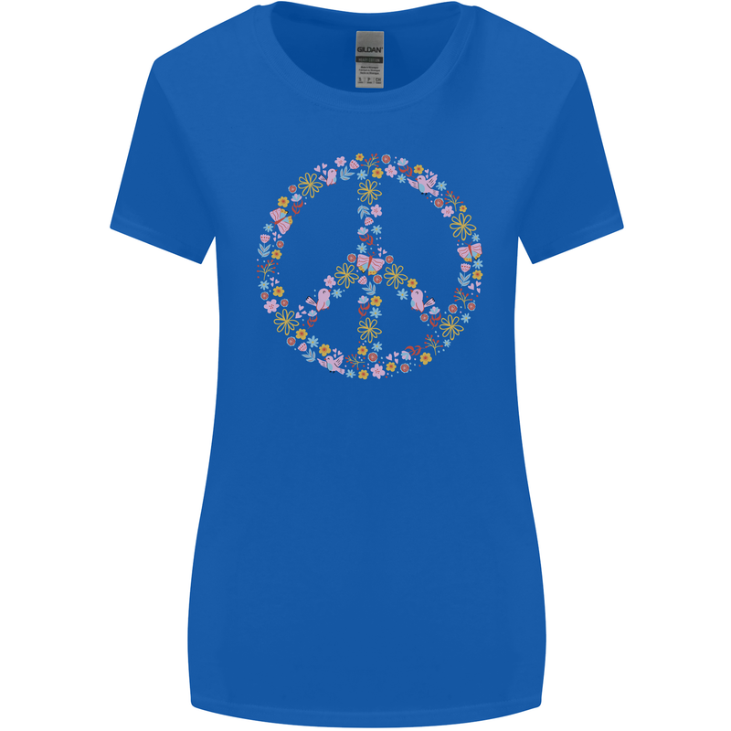 Floral Peace Symbol Hippie Love Womens Wider Cut T-Shirt Royal Blue