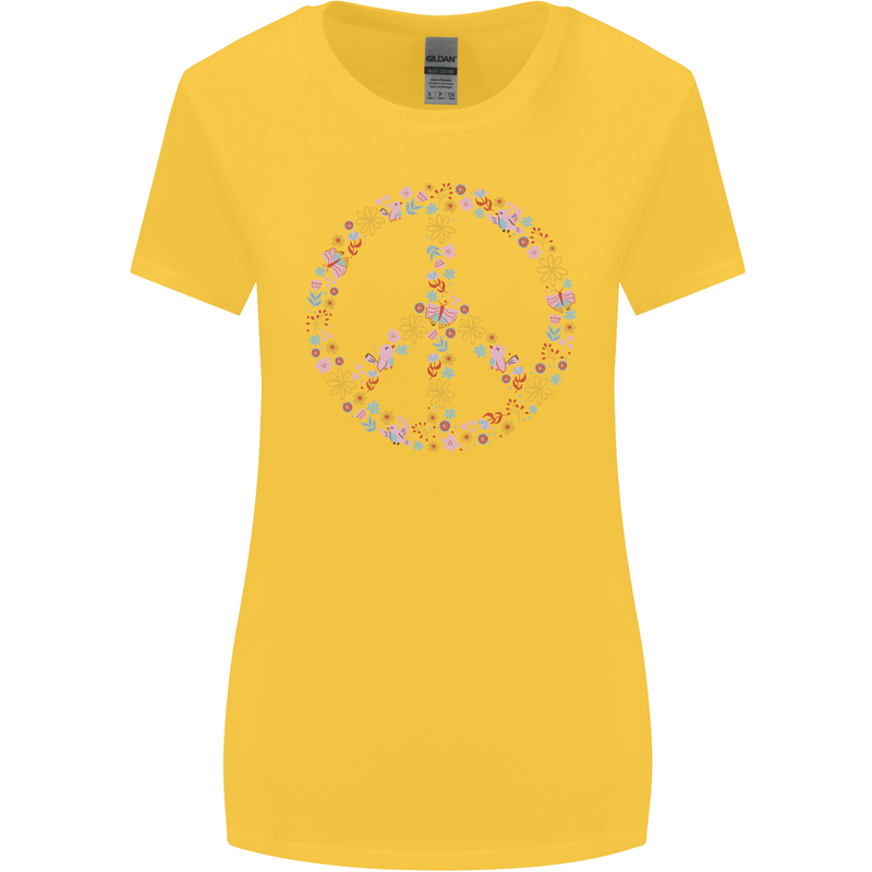 Floral Peace Symbol Hippie Love Womens Wider Cut T-Shirt Yellow