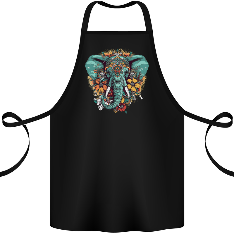 Floral Tribal Elephant Cotton Apron 100% Organic Black