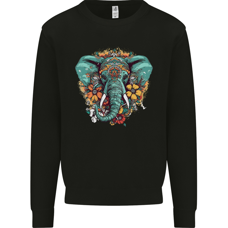 Floral Tribal Elephant Kids Sweatshirt Jumper Black