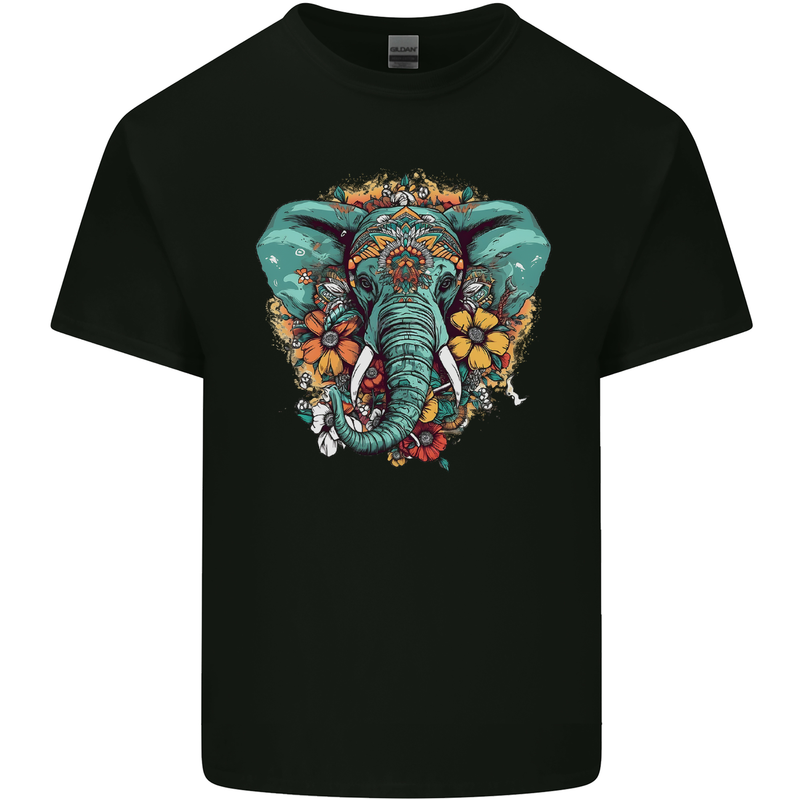 Floral Tribal Elephant Kids T-Shirt Childrens Black