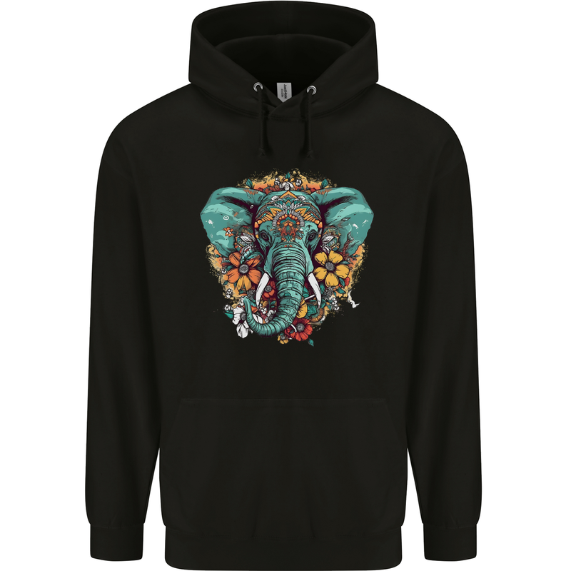 Floral Tribal Elephant Mens 80% Cotton Hoodie Black