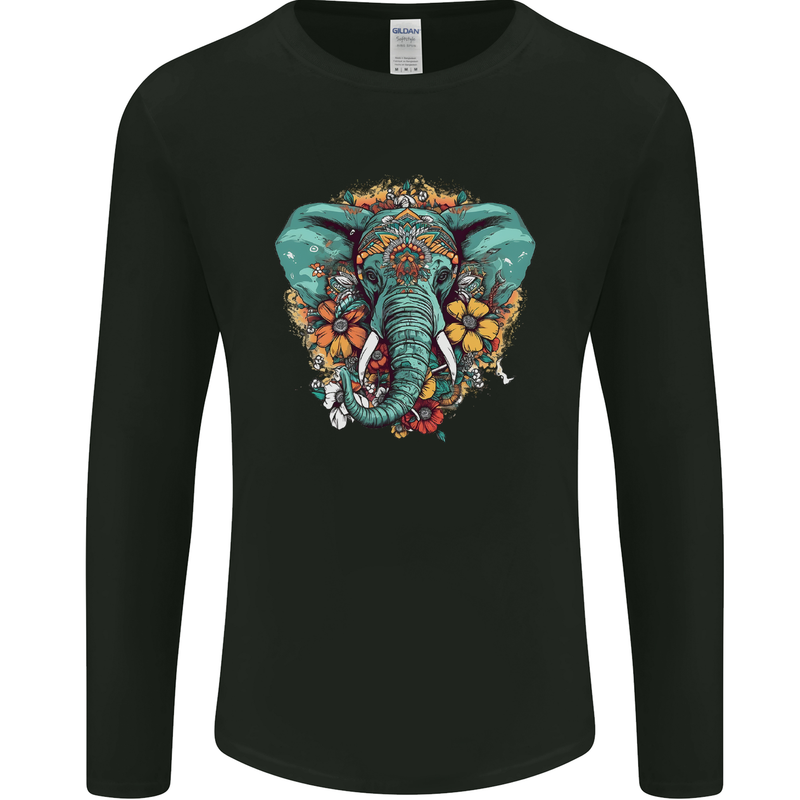 Floral Tribal Elephant Mens Long Sleeve T-Shirt Black