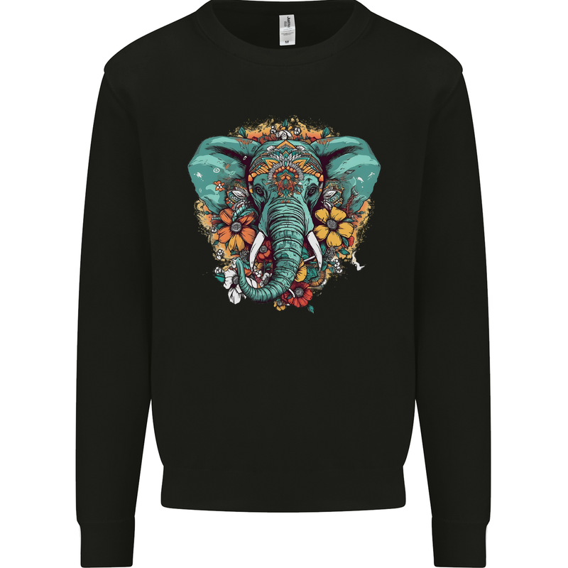 Floral Tribal Elephant Mens Sweatshirt Jumper Black
