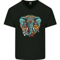 Floral Tribal Elephant Mens V-Neck Cotton T-Shirt Black