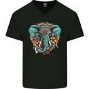 Floral Tribal Elephant Mens V-Neck Cotton T-Shirt Black