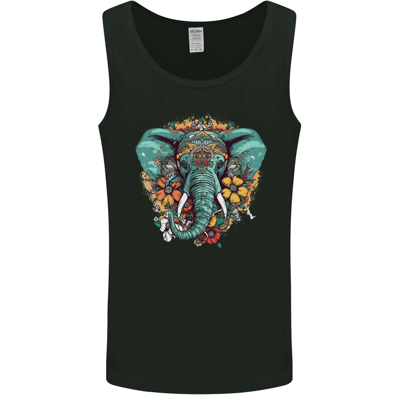 Floral Tribal Elephant Mens Vest Tank Top Black