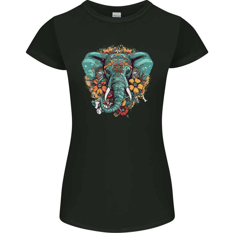 Floral Tribal Elephant Womens Petite Cut T-Shirt Black