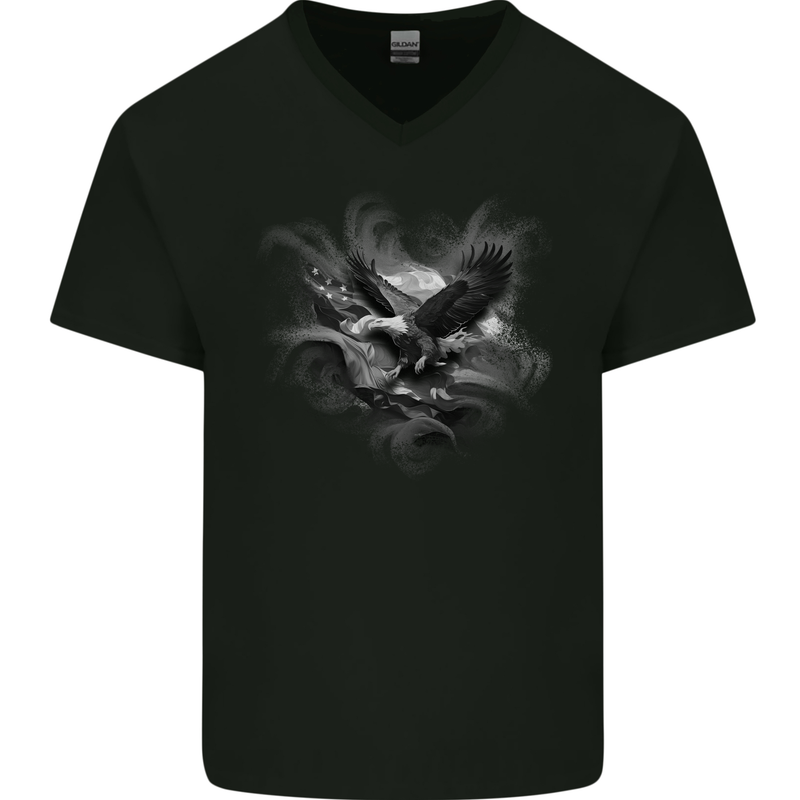 Flying American Eagle & USA Flag Mens V-Neck Cotton T-Shirt Black
