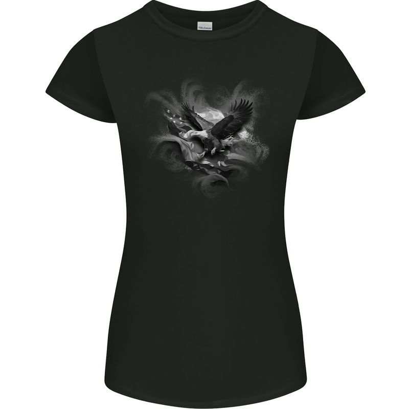 Flying American Eagle & USA Flag Womens Petite Cut T-Shirt Black