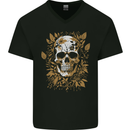 Foliage Skull Mens V-Neck Cotton T-Shirt Black