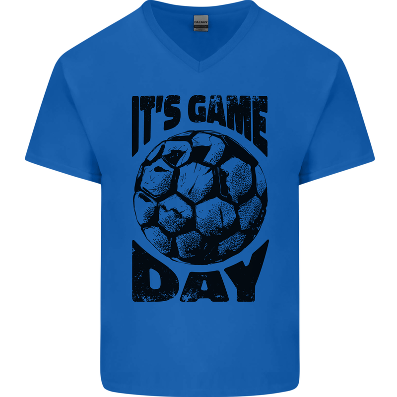 Football Its Game Day Soccer Mens V-Neck Cotton T-Shirt Royal Blue