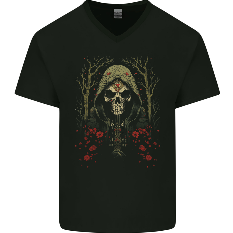 Forest Grim Reaper Skull Cult Mens V-Neck Cotton T-Shirt Black